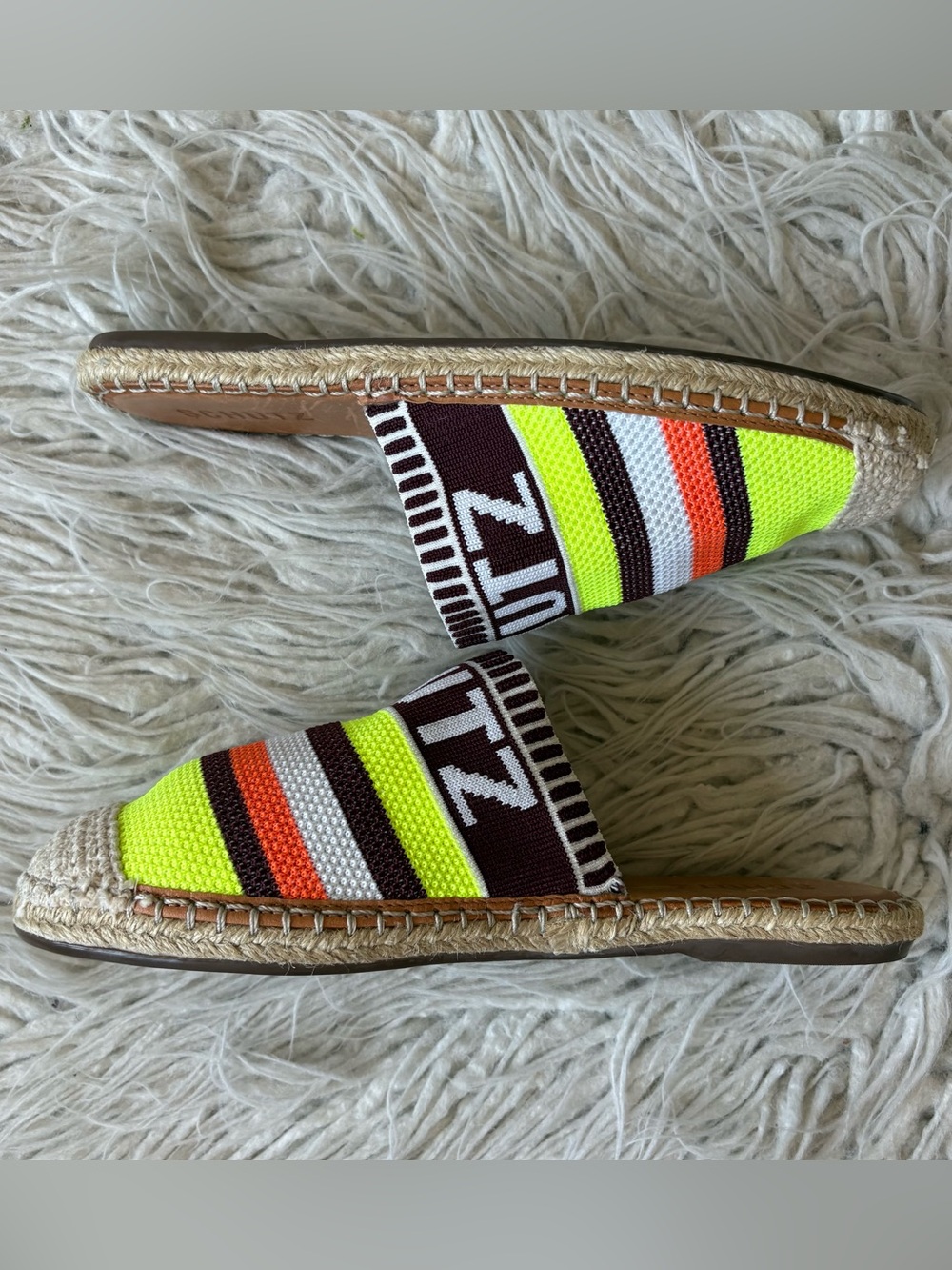 Schutz Logo Knit Multicolor Striped Flat Side Espadrille Sandals Size 38